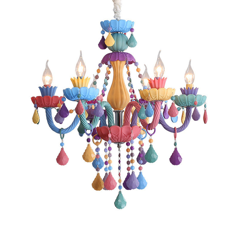 Bougie Baby Room Chandelier Metal Macaron Suspension Lumière avec des rideaux en cristal