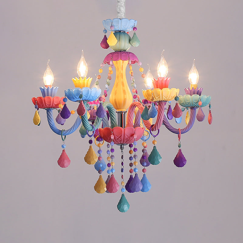 Bougie Baby Room Chandelier Metal Macaron Suspension Lumière avec des rideaux en cristal