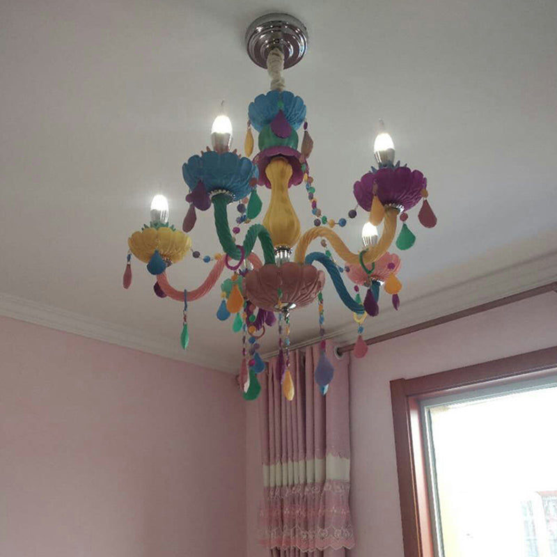 Bougie Baby Room Chandelier Metal Macaron Suspension Lumière avec des rideaux en cristal