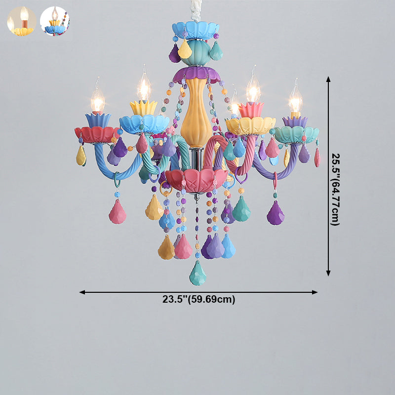 Bougie Baby Room Chandelier Metal Macaron Suspension Lumière avec des rideaux en cristal