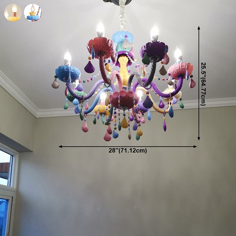 Bougie Baby Room Chandelier Metal Macaron Suspension Lumière avec des rideaux en cristal