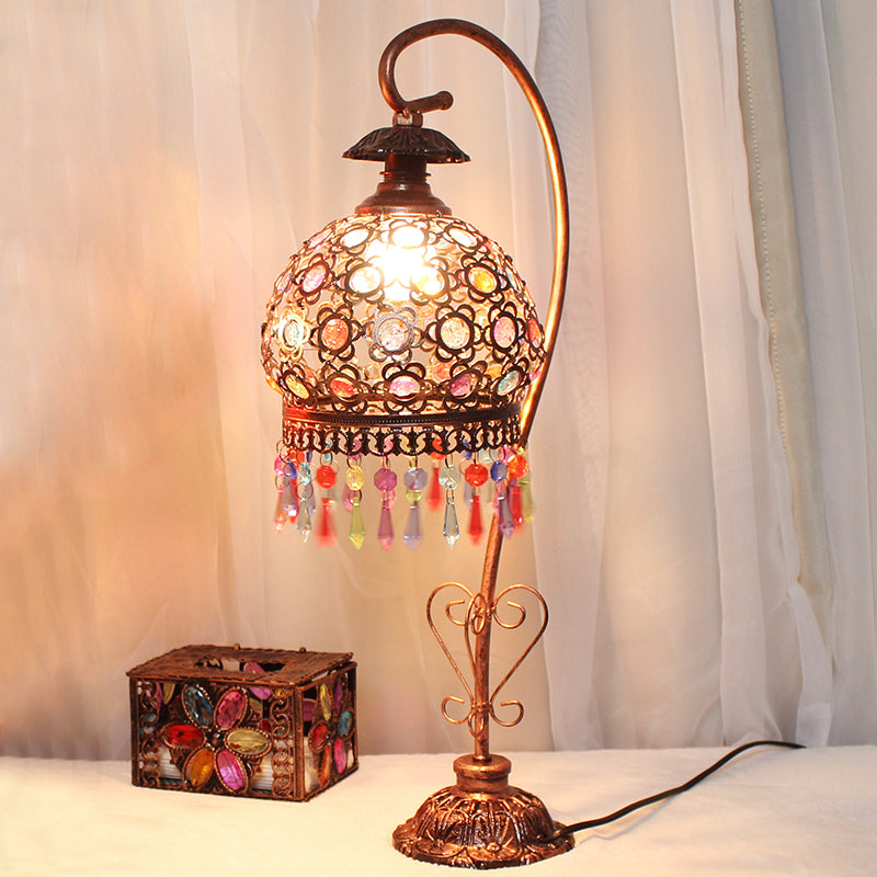 Bohemian Globe/Dome Night Table Lamp 1 Bulb Metal Task Lighting in Red/Brass for Living Room