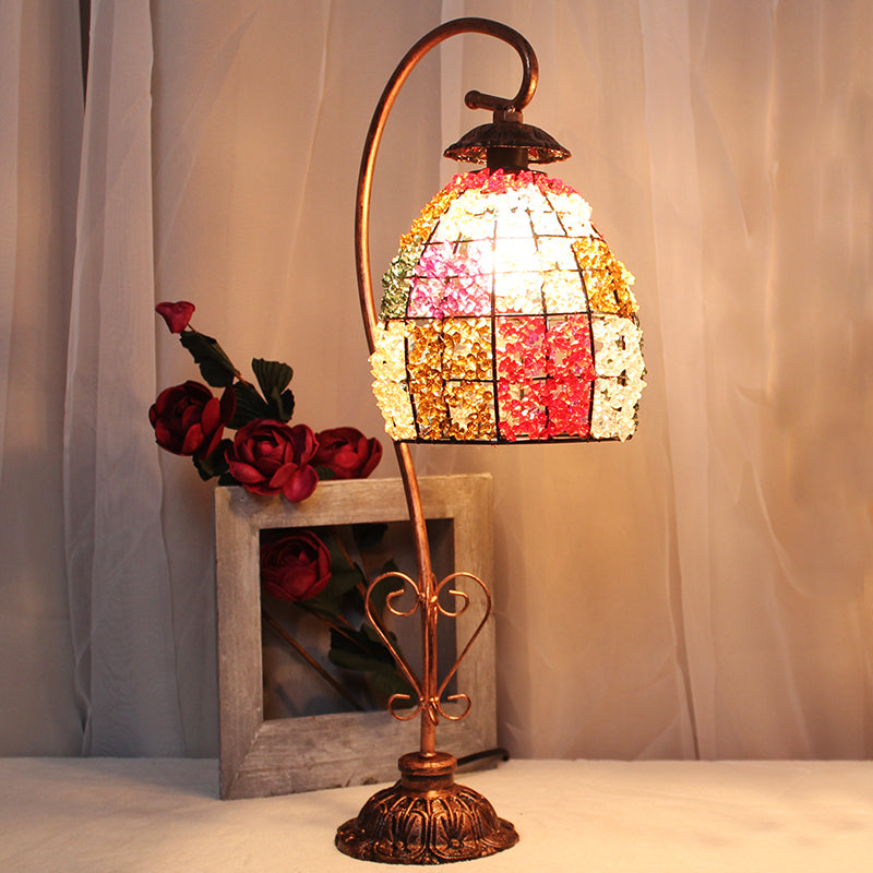 1-Head Metal Night Table Lamp Vintage White/Pink/Red Cone/Dome/Globe Living Room Nightstand Lighting with Curving Arm