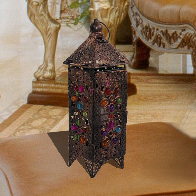 Bohemian Lantern Night Table Lamp 1 Bulb Metal Nightstand Lighting in Purple/Red for Living Room