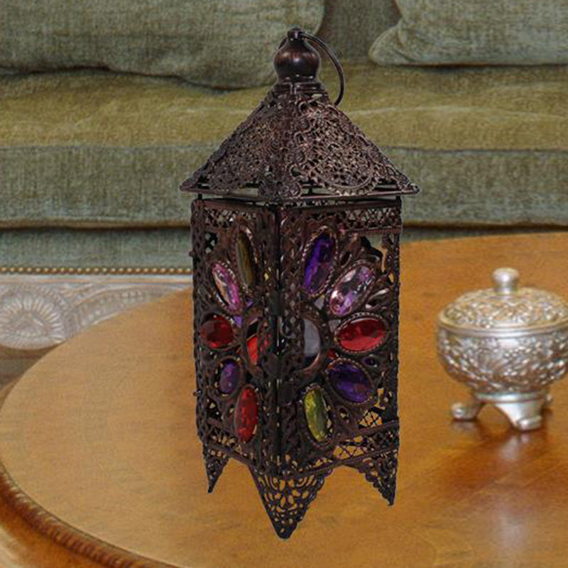 Bohemian Lantern Night Table Lamp 1 Bulb Metal Nightstand Lighting in Purple/Red for Living Room