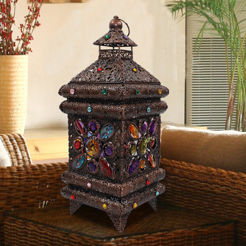 1-Light Metal Night Table Lamp Bohemian Bronze Lantern Living Room Nightstand Lighting