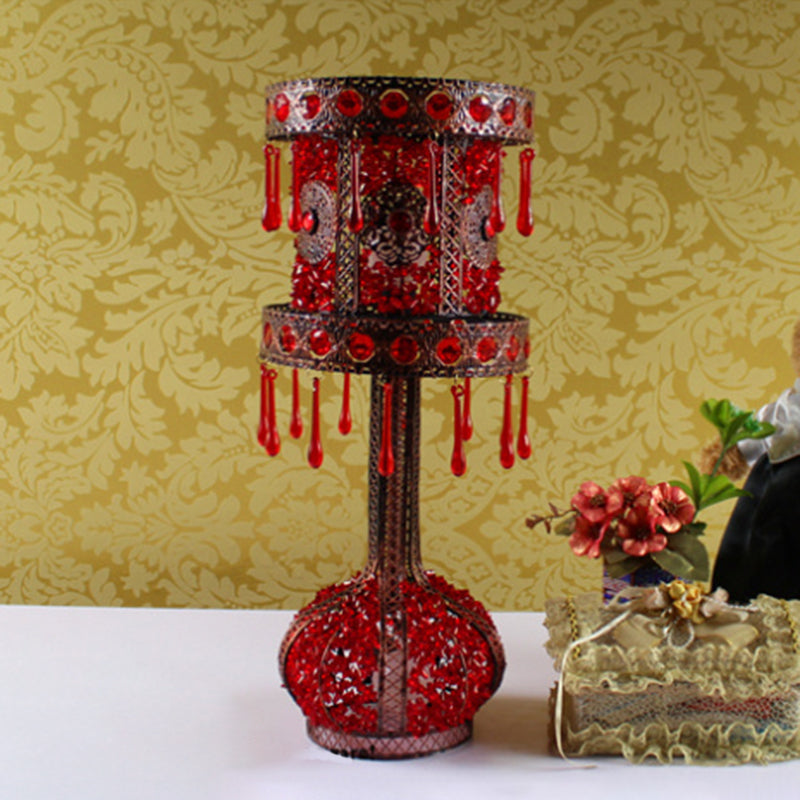 Red Cylinder Night Table Light Bohemian Metal 2 Bulbs Living Room Nightstand Lighting with Acrylic Decoration