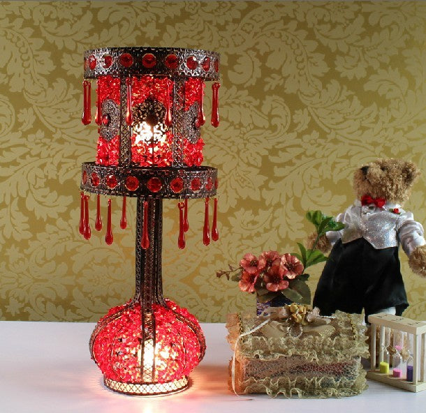 Red Cylinder Night Table Light Bohemian Metal 2 Bulbs Living Room Nightstand Lighting with Acrylic Decoration