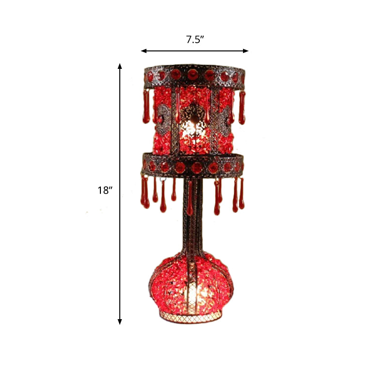 Red Cylinder Night Table Light Bohemian Metal 2 Bulbs Living Room Nightstand Lighting with Acrylic Decoration