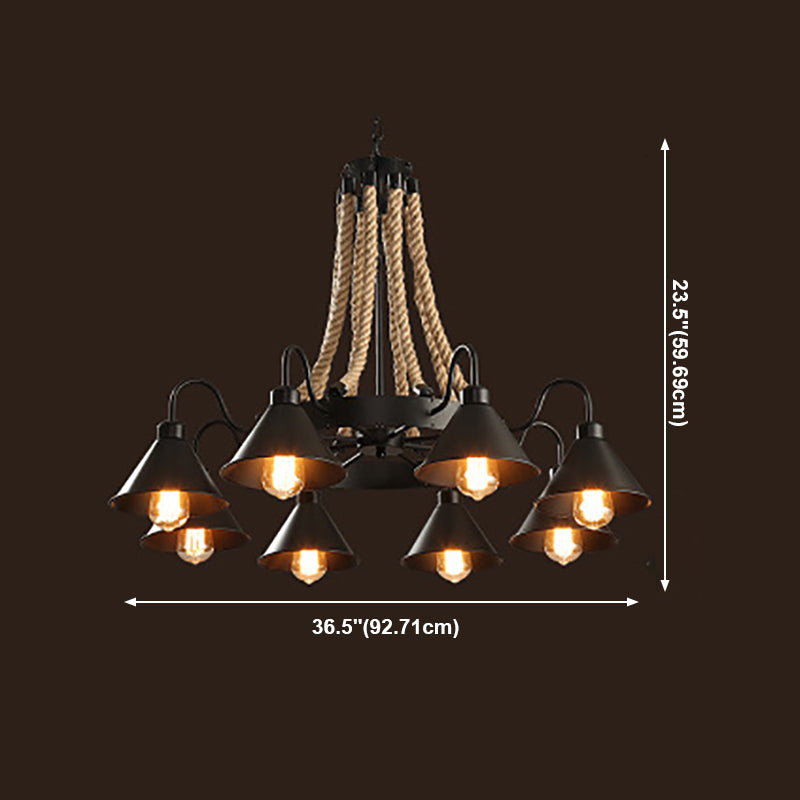 Geometrische Metallform Kronleuchter industrieller schwarzer Kronleuchter mit natürlichen Seil