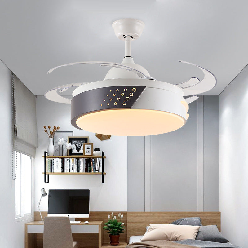 Acrylic Ring Pendant Fan Light Minimalism LED Bedroom Semi Flush Mount Lighting in Black and White with 4 Blades, 42" Width