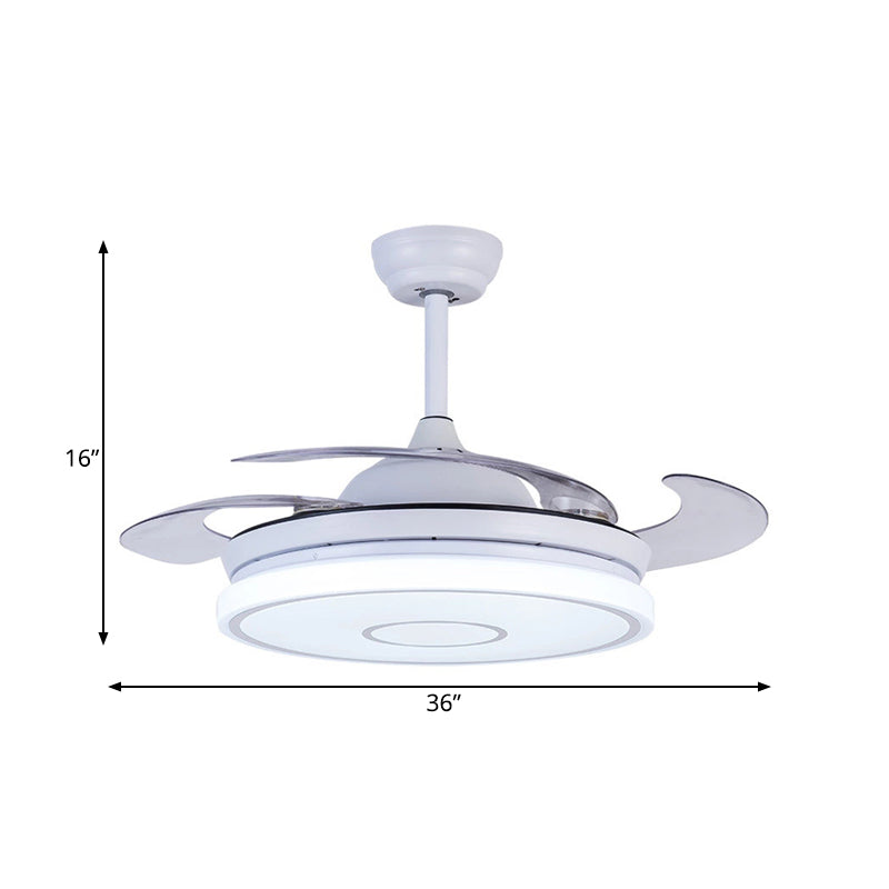 Acrylic White Pendant Fan Lamp Ring 36" Width LED Nordic Semi Flush Mount Ceiling Fixture for Living Room, 4 Clear Blades