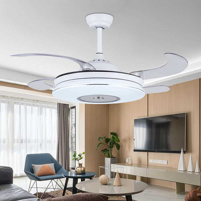 36" W White LED Ceiling Fan Light Minimalism Metal Round Semi Mount Lighting with 4 Blades for Living Room, Remote/Wall Control/Remote and Wall Control