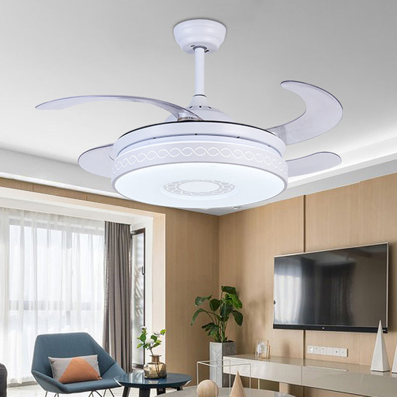 Acrylic Circle Pendant Fan Lighting Contemporary LED 36" W Living Room Semi Flush Light in White with 4 Blades, Remote/Wall Control/Remote and Wall Control