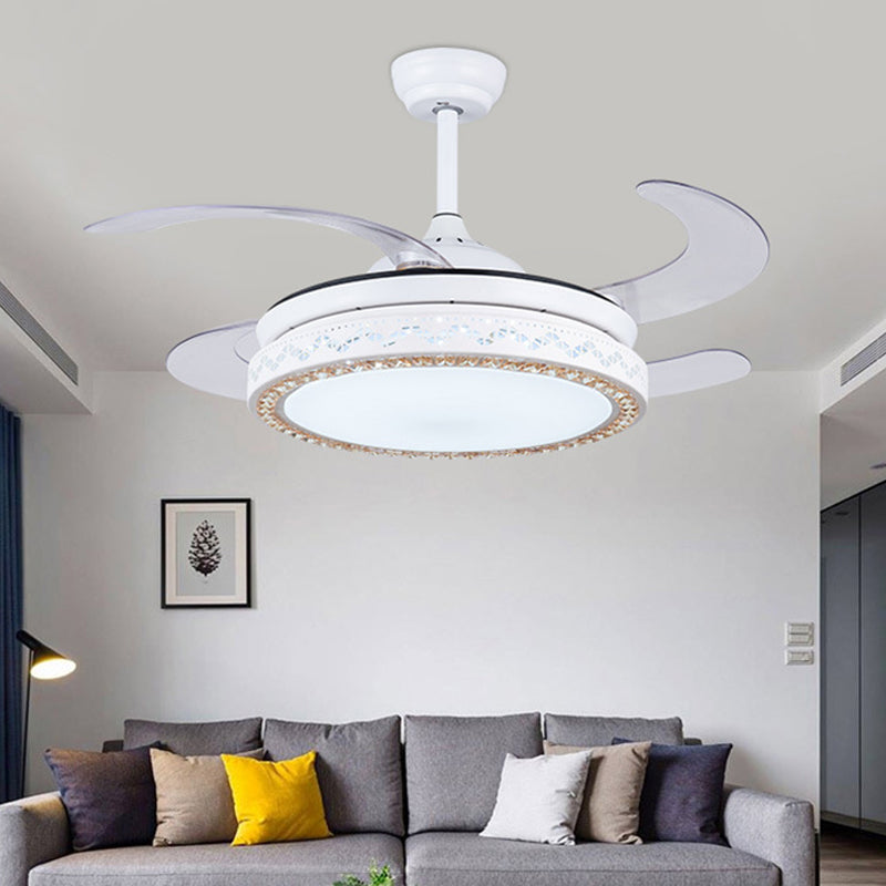 White Circular Hanging Fan Light Modernist Acrylic 42" W LED Living Room Semi Flush Mount with 4 Blades, Remote/Wall Control/Remote and Wall Control