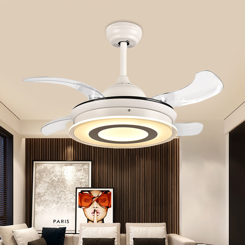 Acrylic Circle Pendant Fan Light Modernism LED Living Room Semi Flush Mount Lighting in White with 4 Clear Blades, 36" Wide