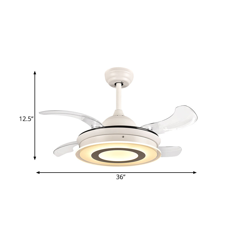 Acrylic Circle Pendant Fan Light Modernism LED Living Room Semi Flush Mount Lighting in White with 4 Clear Blades, 36" Wide