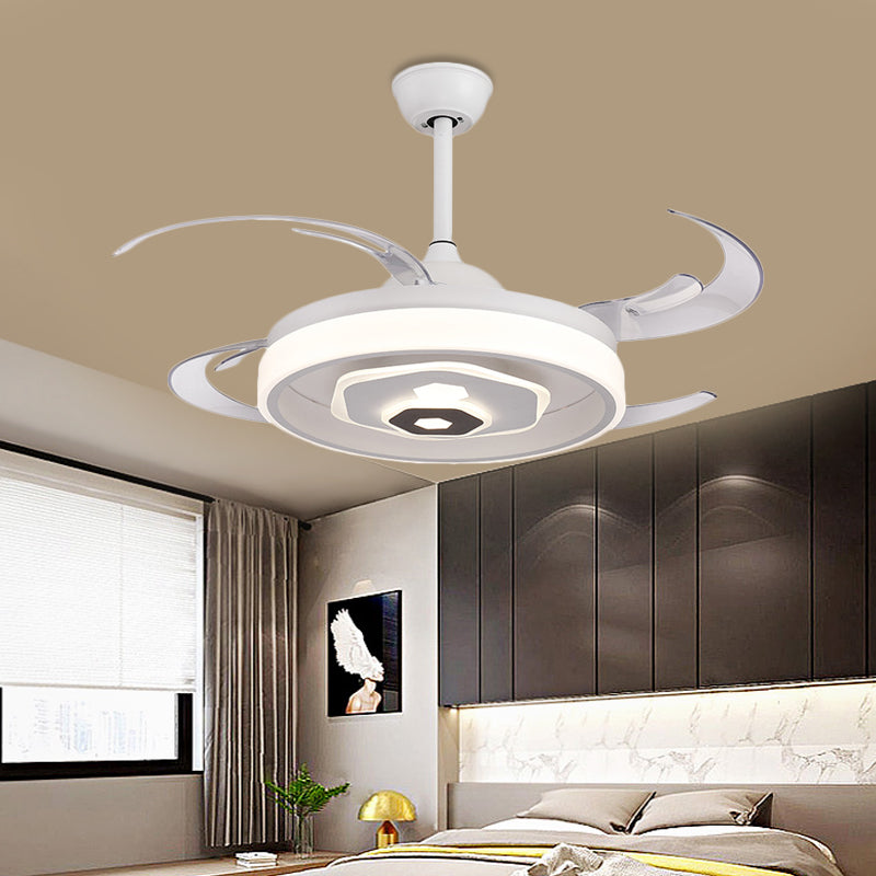 LED Ceiling Fan Lighting Simple Bedroom Semi Flush Light Fixture with Round Acrylic Shade in White with 4 Clear Blades, 42" W