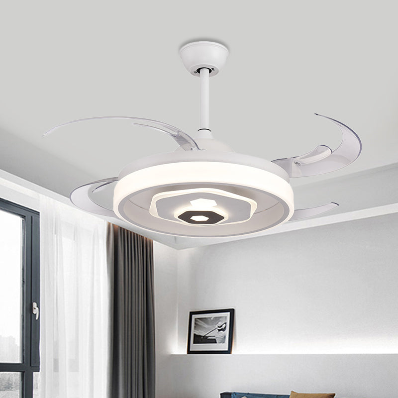 LED Ceiling Fan Lighting Simple Bedroom Semi Flush Light Fixture with Round Acrylic Shade in White with 4 Clear Blades, 42" W