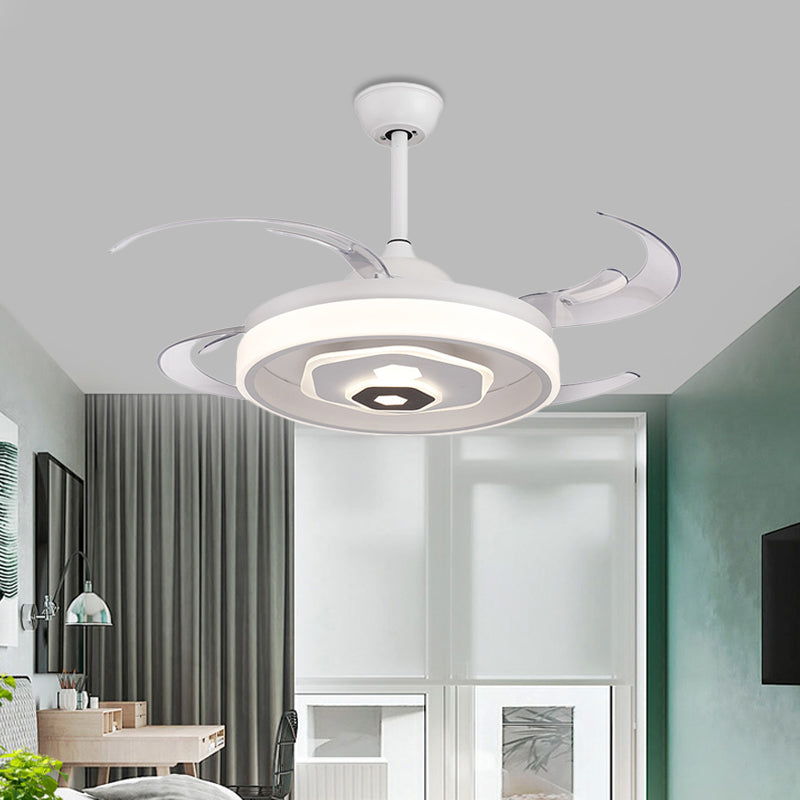 LED Ceiling Fan Lighting Simple Bedroom Semi Flush Light Fixture with Round Acrylic Shade in White with 4 Clear Blades, 42" W