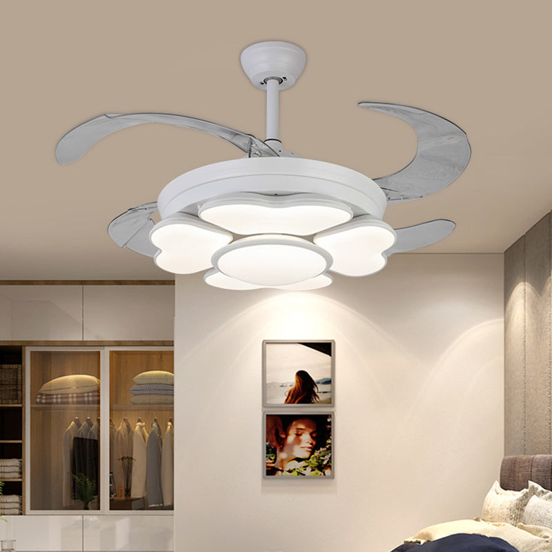 42" W LED Acrylic Hanging Fan Lamp Nordic White Ring  Bedroom Semi Flush Mount Light Fixture with 4 Blades, Remote/Wall Control/Remote and Wall Control