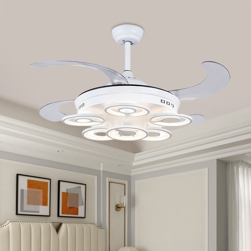 Circle Acrylic Pendant Fan Lamp Nordic LED Bedroom Semi Flush Mount Lighting in White with 4 Clear Blades, 42" Width