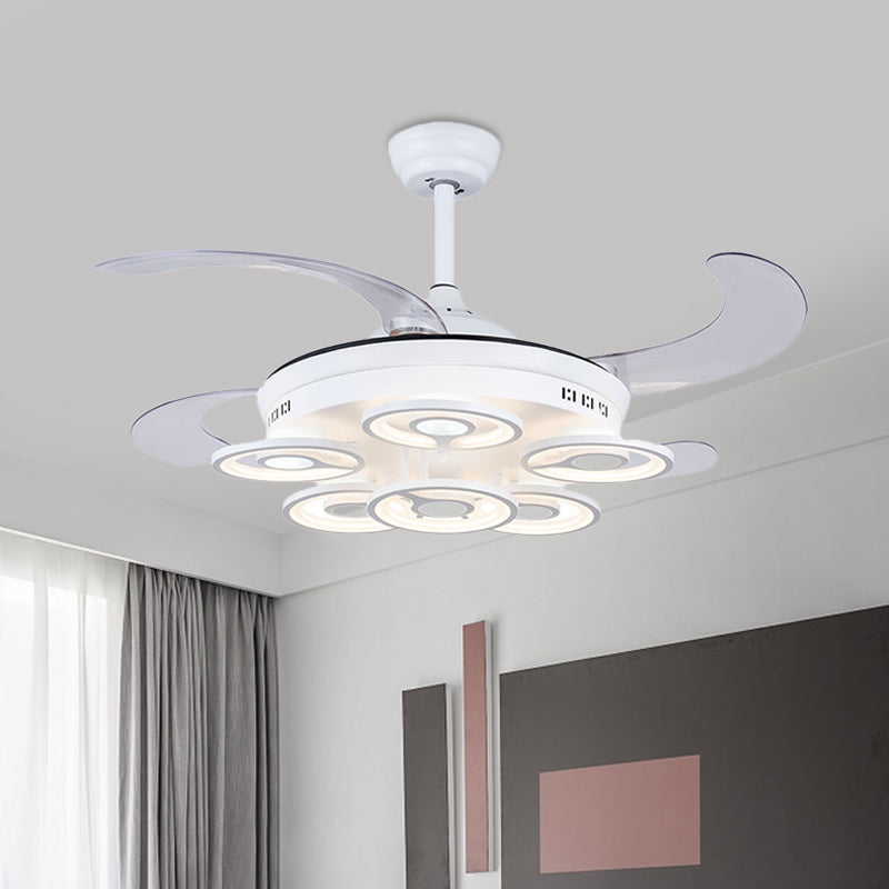 Circle Acrylic Pendant Fan Lamp Nordic LED Bedroom Semi Flush Mount Lighting in White with 4 Clear Blades, 42" Width