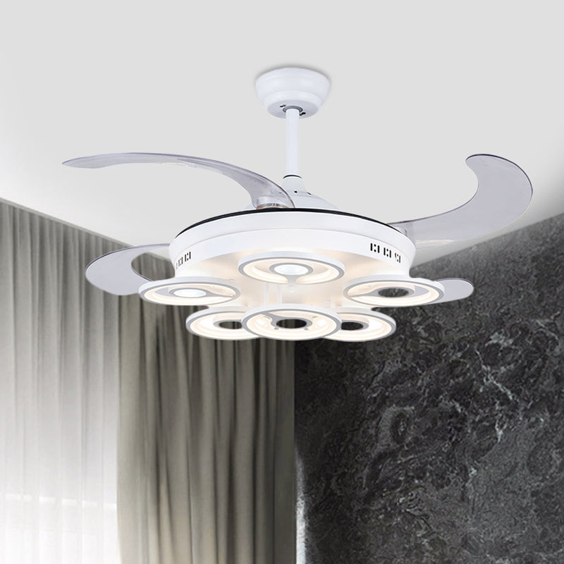 Circle Acrylic Pendant Fan Lamp Nordic LED Bedroom Semi Flush Mount Lighting in White with 4 Clear Blades, 42" Width