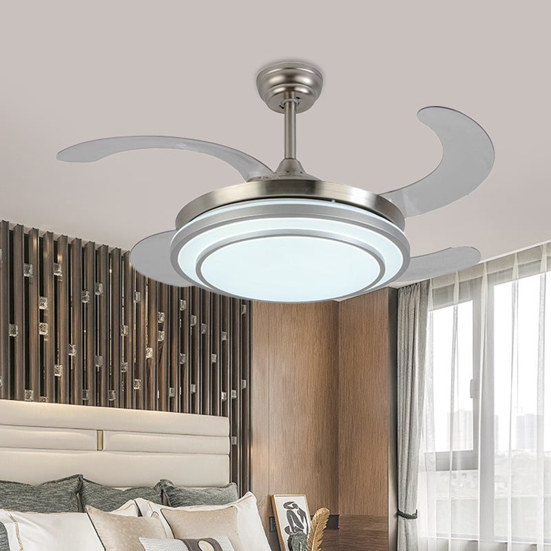 36" W Nickle Circle Pendant Fan Lighting Modern Metal LED Bedroom Semi Flush Mount Light with 4 Blades, Remote Control/Frequency Conversion and Remote Control