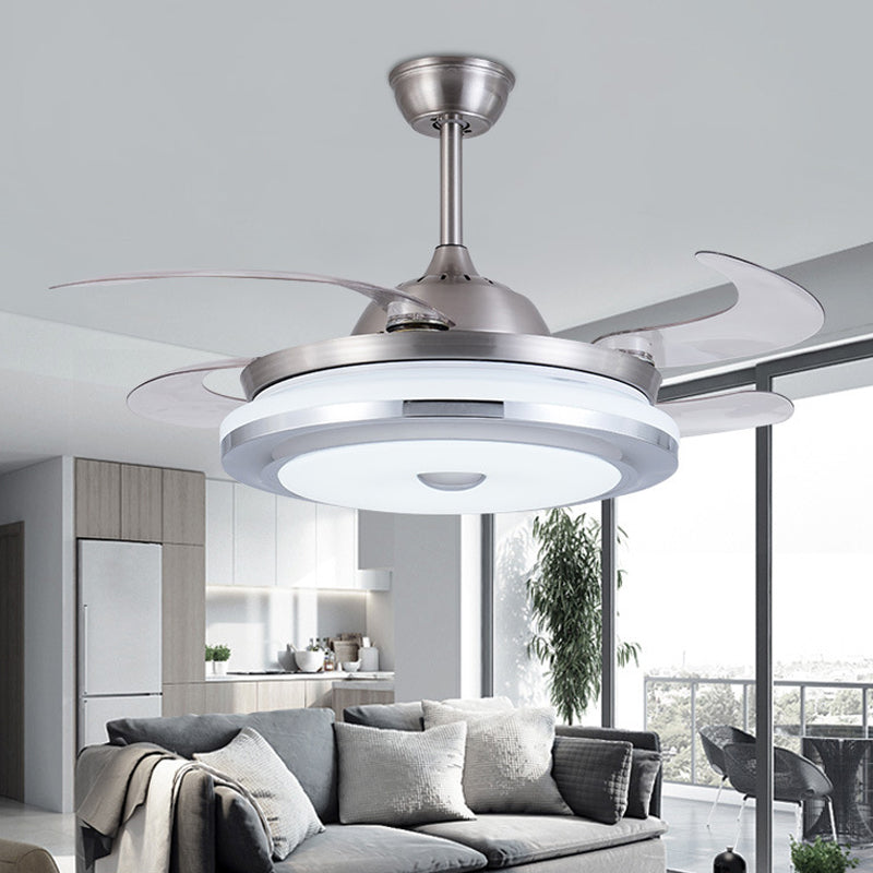 Metal Round Fan Light Modern 36" W LED Living Room Semi Flush Mount Lighting in Silver with 4 Blades, Remote/Wall Control/Remote and Wall Control