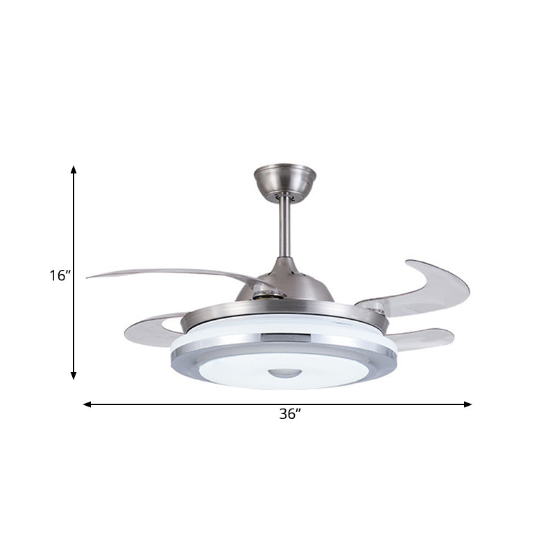 Metal Round Fan Light Modern 36" W LED Living Room Semi Flush Mount Lighting in Silver with 4 Blades, Remote/Wall Control/Remote and Wall Control