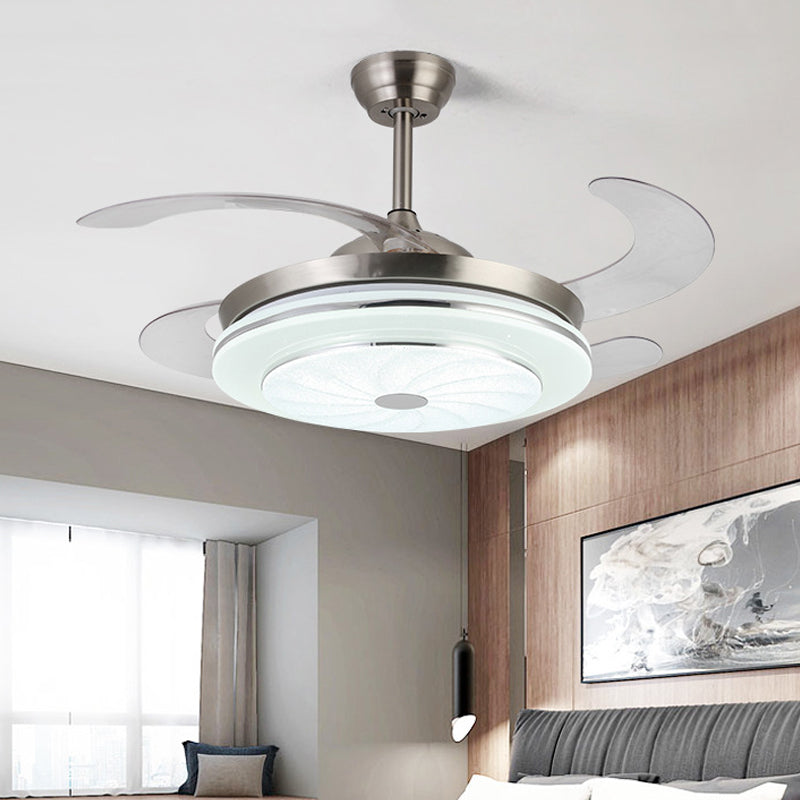 36" W Contemporary Circular Fan Lamp LED Metal Semi Mount Lighting in Silver with 4 Blades for Bedroom, Remote/Wall Control/Remote and Wall Control