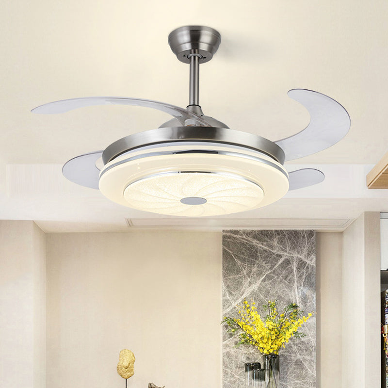 36" W Contemporary Circular Fan Lamp LED Metal Semi Mount Lighting in Silver with 4 Blades for Bedroom, Remote/Wall Control/Remote and Wall Control