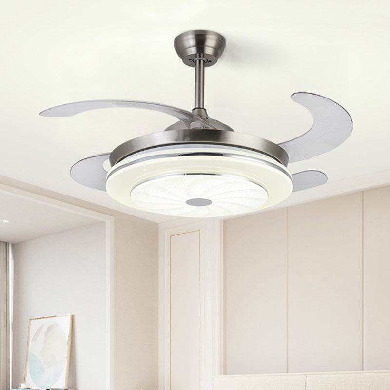 36" W Contemporary Circular Fan Lamp LED Metal Semi Mount Lighting in Silver with 4 Blades for Bedroom, Remote/Wall Control/Remote and Wall Control