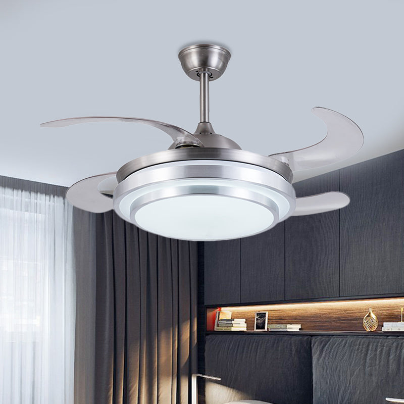 Silver Ring Ceiling Fan Lamp Contemporary Metal LED 36" W Bedroom Semi Flush Mount Light Fixture with 4 Blades, Remote/Wall Control/Remote and Wall Control