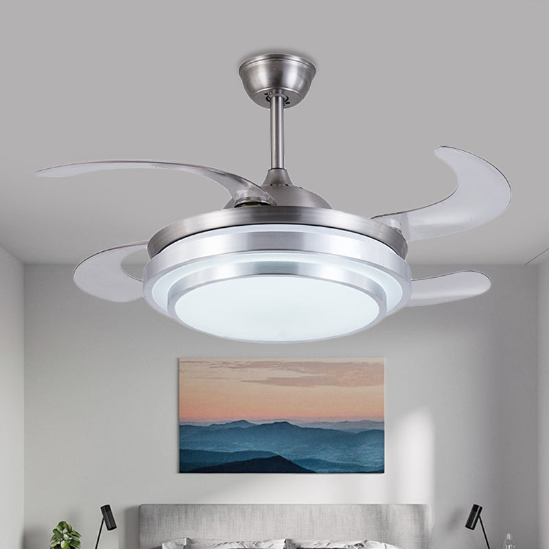 Silver Ring Ceiling Fan Lamp Contemporary Metal LED 36" W Bedroom Semi Flush Mount Light Fixture with 4 Blades, Remote/Wall Control/Remote and Wall Control