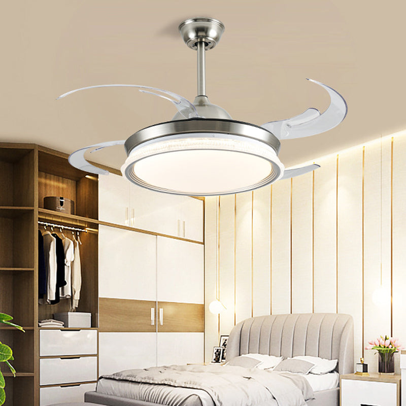 Acrylic Ring Ceiling Fan Lighting Contemporary LED Dining Room Semi Flush Mount Light in Silver with 4 Clear Blades, 42" W