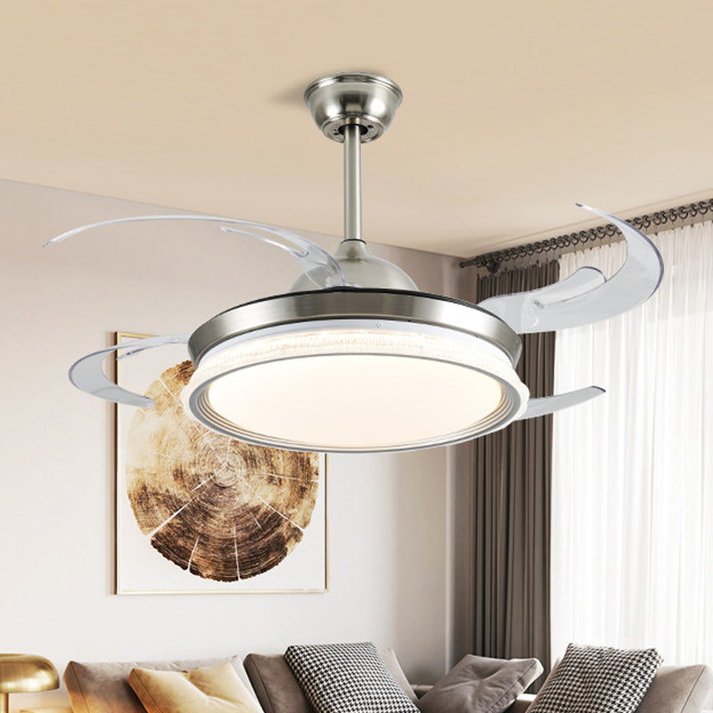 Acrylic Ring Ceiling Fan Lighting Contemporary LED Dining Room Semi Flush Mount Light in Silver with 4 Clear Blades, 42" W