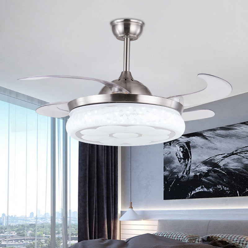 42" W Modernist Circle Hanging Fan Light LED Metal Semi Flush Mount Ceiling Fixture in Silver with 4 Blades, Remote Control/Remote and Wall Control/Frequency Conversion and Remote Control