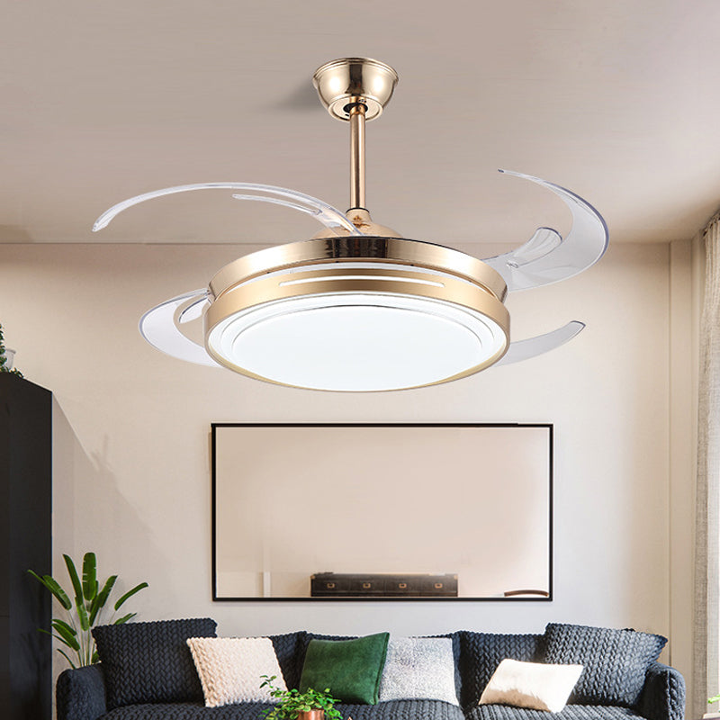 42" Wide LED Hanging Fan Lamp Modernism Living Room Semi Flush Mount Light Fixture with Circular Acrylic Shade in Gold, 4 Clear Blades