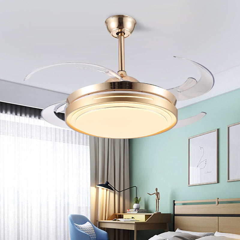 42" Wide LED Hanging Fan Lamp Modernism Living Room Semi Flush Mount Light Fixture with Circular Acrylic Shade in Gold, 4 Clear Blades