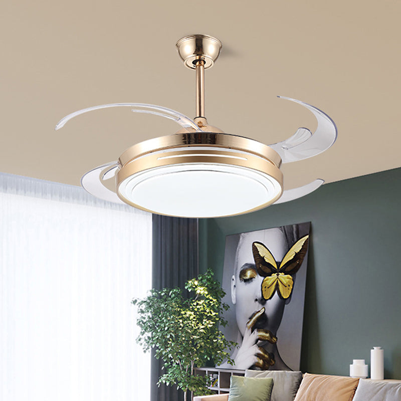 42" Wide LED Hanging Fan Lamp Modernism Living Room Semi Flush Mount Light Fixture with Circular Acrylic Shade in Gold, 4 Clear Blades