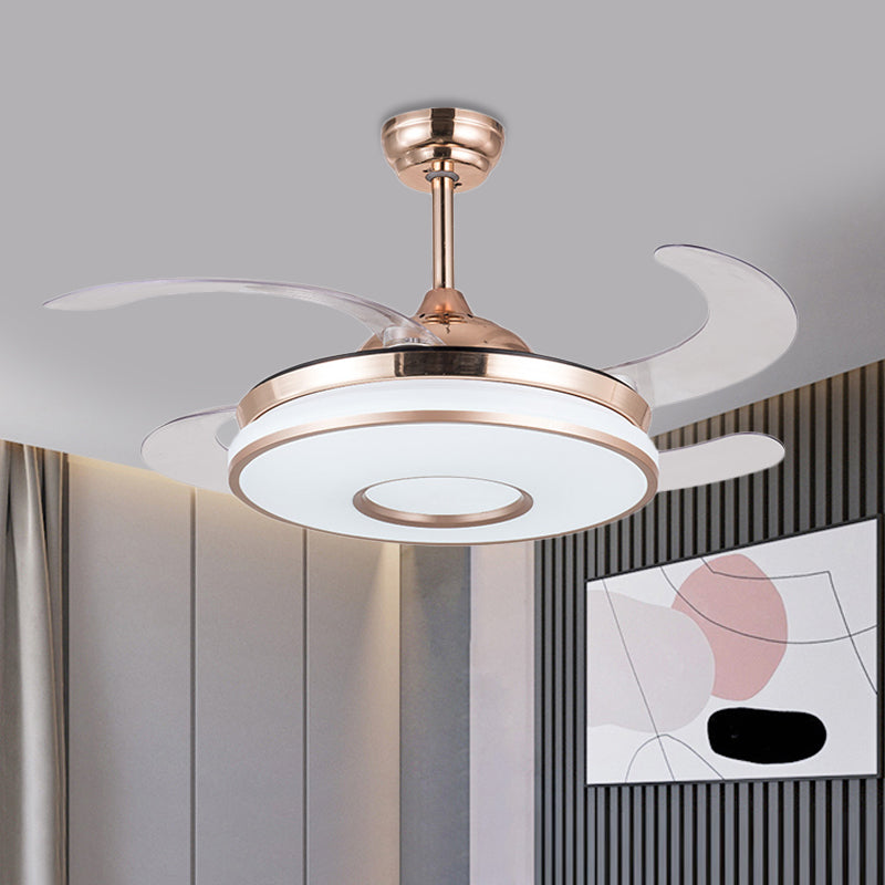 36" W Gold LED Pendant Fan Light Simplicity Acrylic Round Semi Flush Mount Lighting with 4 Blades for Bedroom, Remote/Wall Control/Remote and Wall Control