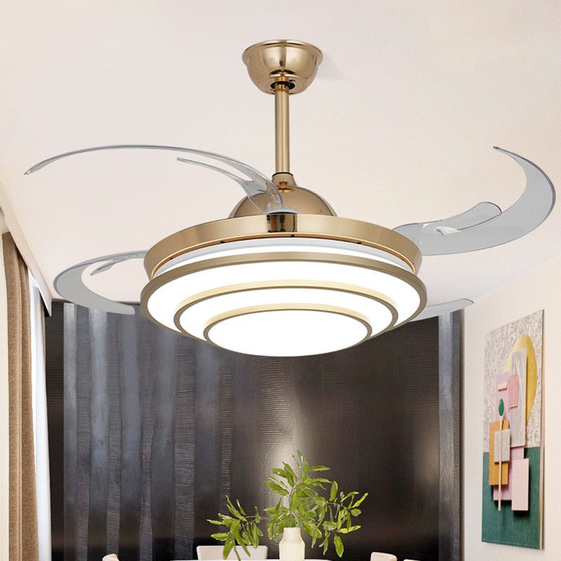 Minimalism Circle Fan Light LED Metal 4 Clear Blades Semi Flush Mount Ceiling Fixture in Gold for Living Room, 42" Width