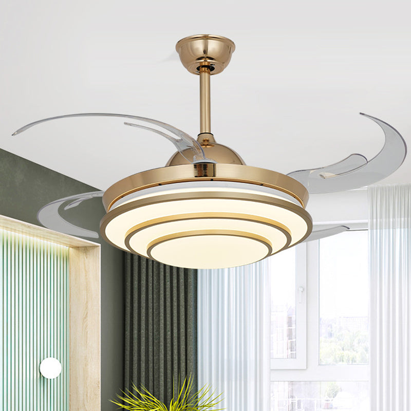 Minimalism Circle Fan Light LED Metal 4 Clear Blades Semi Flush Mount Ceiling Fixture in Gold for Living Room, 42" Width