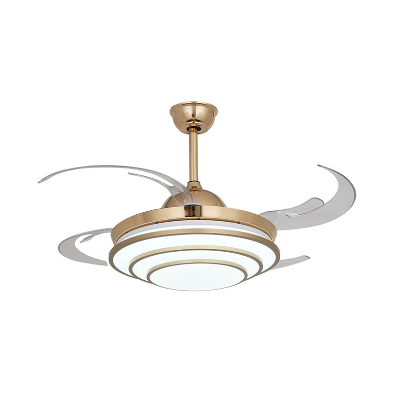 Minimalism Circle Fan Light LED Metal 4 Clear Blades Semi Flush Mount Ceiling Fixture in Gold for Living Room, 42" Width