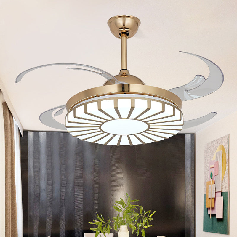 Gold LED Ceiling Fan Light Simplicity Acrylic Circular 4 Clear Blades Semi Flush Mount Lighting for Restaurant, 42" Wide