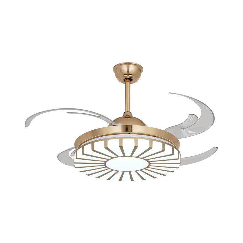 Gold LED Ceiling Fan Light Simplicity Acrylic Circular 4 Clear Blades Semi Flush Mount Lighting for Restaurant, 42" Wide