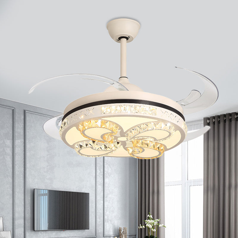 Modernism Round Ceiling Fan Lighting 42" Width LED Acrylic Semi Flush Mount Light in Cream with Crystal Accent, 4 Clear Blades