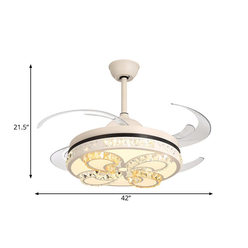 Modernism Round Ceiling Fan Lighting 42" Width LED Acrylic Semi Flush Mount Light in Cream with Crystal Accent, 4 Clear Blades